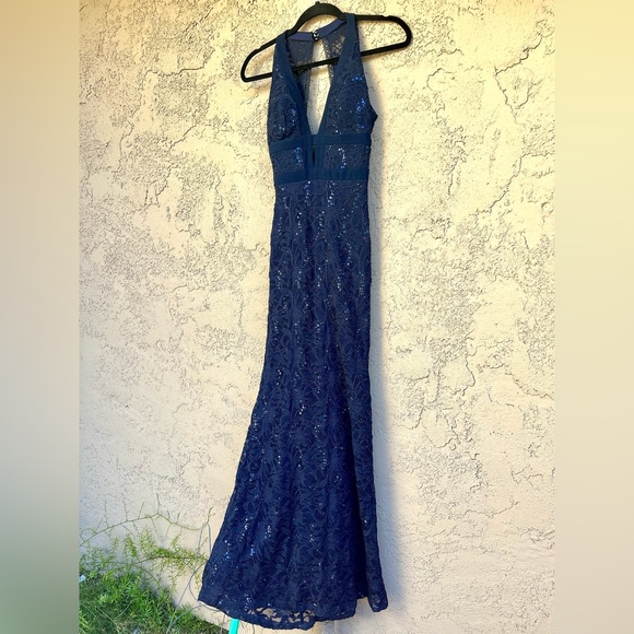 B. Darlin Formal Prom Navy Blue Maxi Dress Gown Lace Sequin Open Back Size 3/4 - Picture 8 of 9